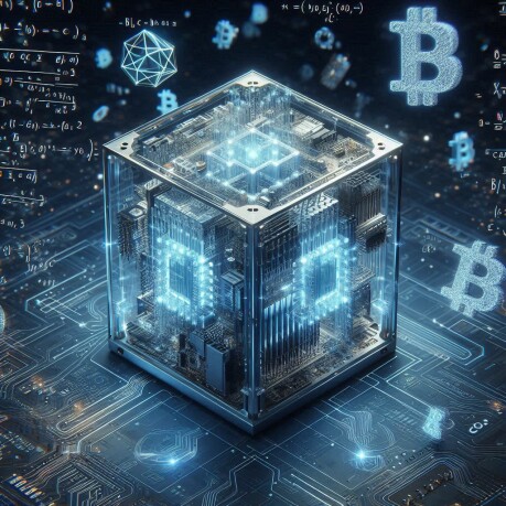 A quantum computer containing a bitcoin, surrounded by a computer and streams of data, symbolizing immediate connectivity in digital finance.